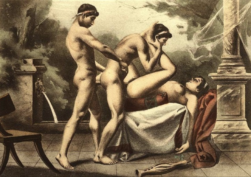 a threesome painted in a faux rennaissance style with a standing man shagging a man who is shagging a woman lying down