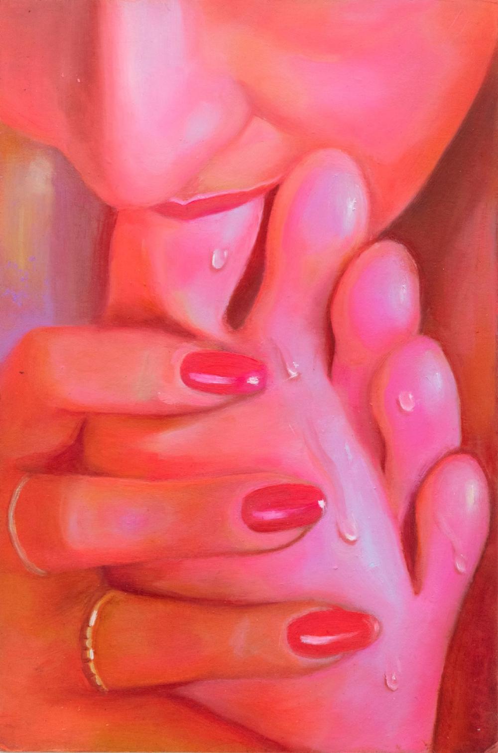 a very pink painting of a red lip mouth sucking on a big toe with red nail vanrish and drips