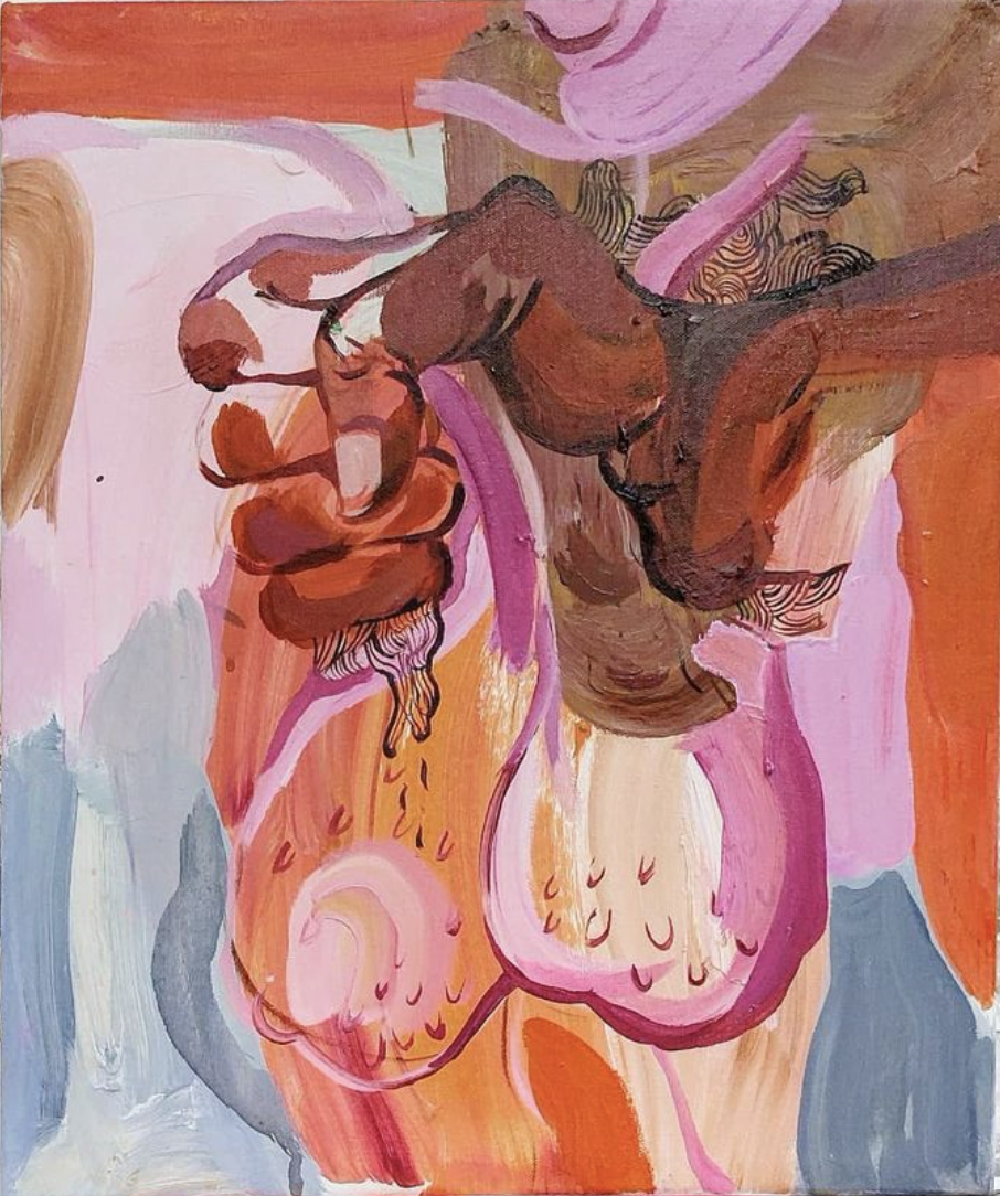 messy painting of a brown hand gravving a dick that is painted in brown, pink, orange and white