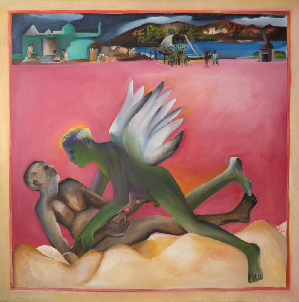 dreamy painting of two naked men, one green one brown, one of them floating down onto the lying down one, green body with white wings, with a pink background and a sea with boats