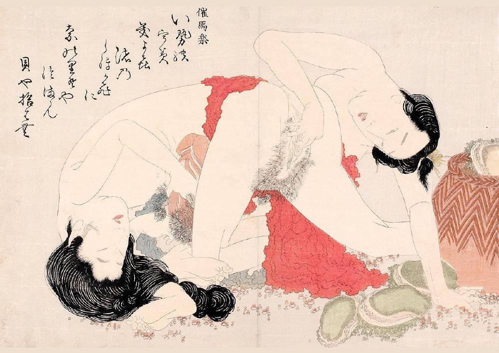 woodblock of someone leaning over the backside of a woman who is on all fours and fingering her
