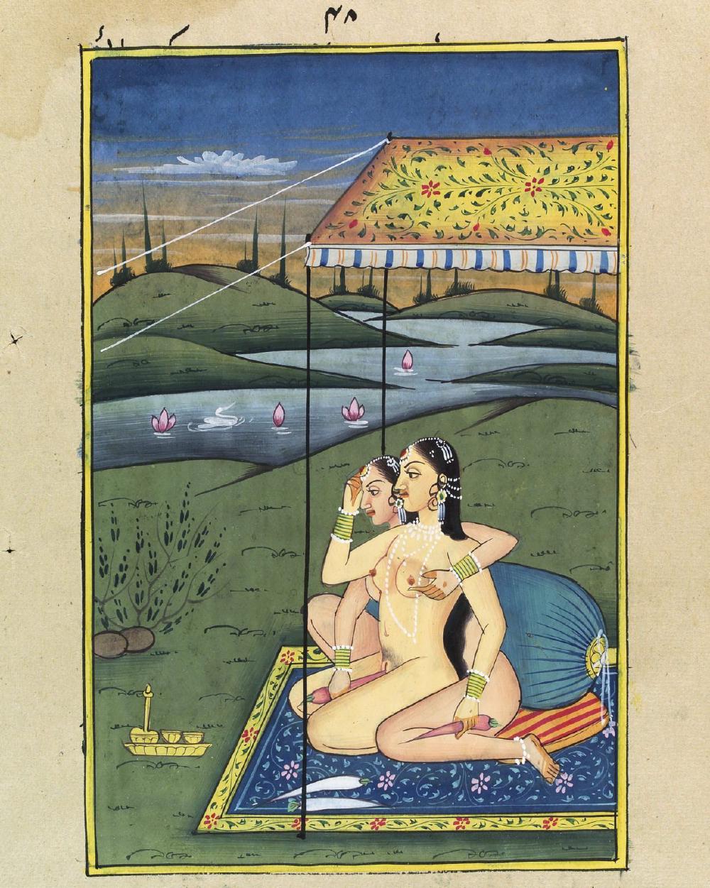 indian mughal miniature style painting of two women sat together, one legs wrapped around the other, both a carrot in hand to use it as a dildo