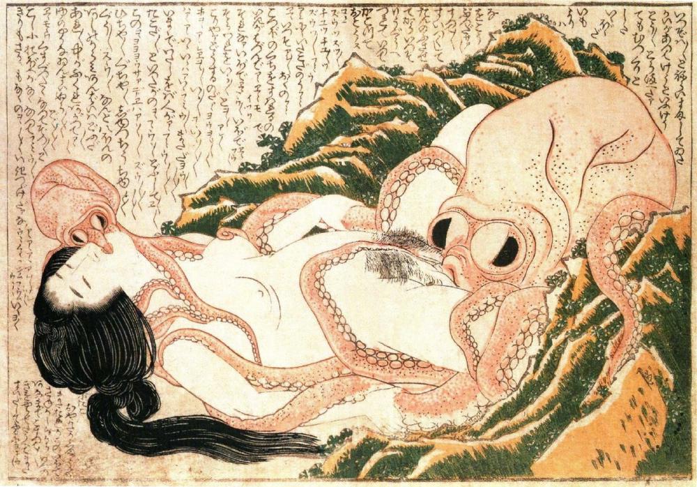 an octopus is eating a naked japanese lady out and another smaller one is kissing her, tentacles wrapped all around