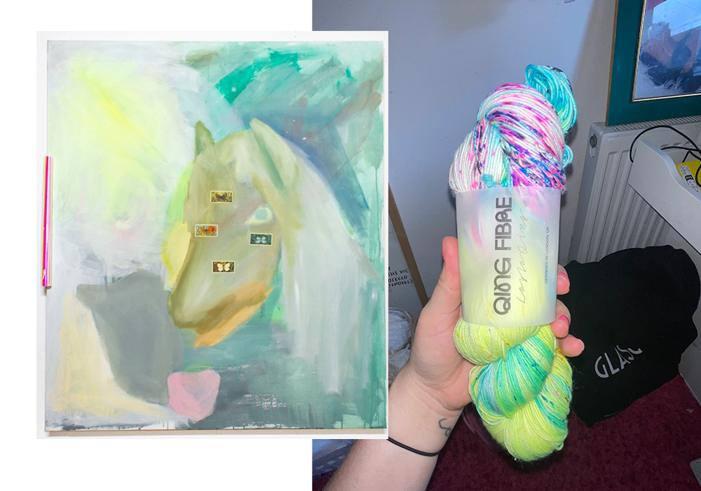 ella belenky's horse painting next to qing fibre's electronic shade yarn