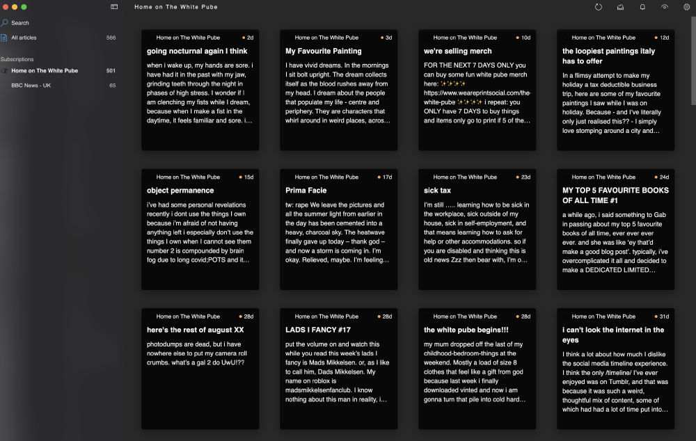 a bunch of posts on the white pube in an rss reader, just dark mode posts with simplified texts