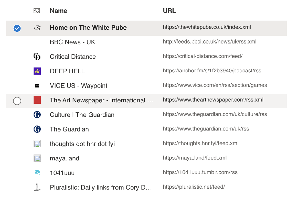 screenshot of RSS urls