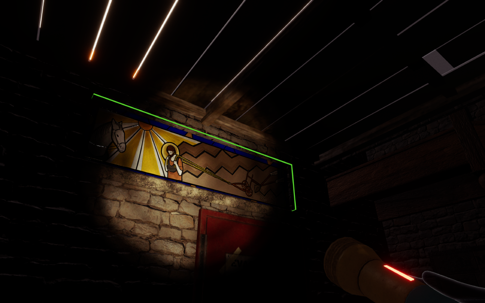 a torch shines on a wall, showing a stained glass strip on the top of a basement wall, the imagery of a man pulling a cart behind him