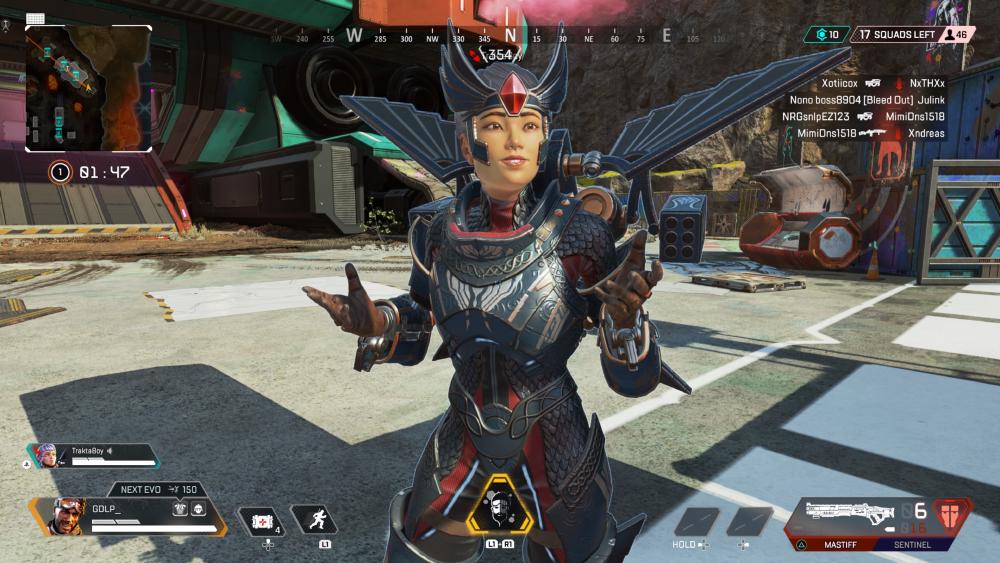 Valkryie, a character who can fly, is stood in front of me wearing a skin that looks like armour, with a headpiece that has a red ruby in the centre, and metal wings coming out the sides as well