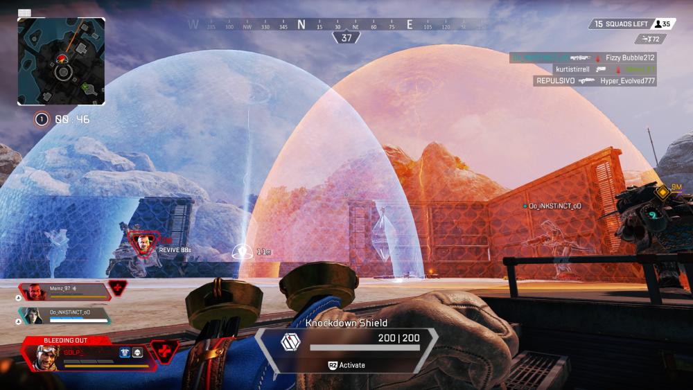one of the legends, Gibraltar, can create massive dome shields and when there's a Gibby on your team it shows blue, an enemy one comes up red, and I am crouched on the floor of the game looked at two overlapping domes one in blue and one in red, a perfect symetrical moment