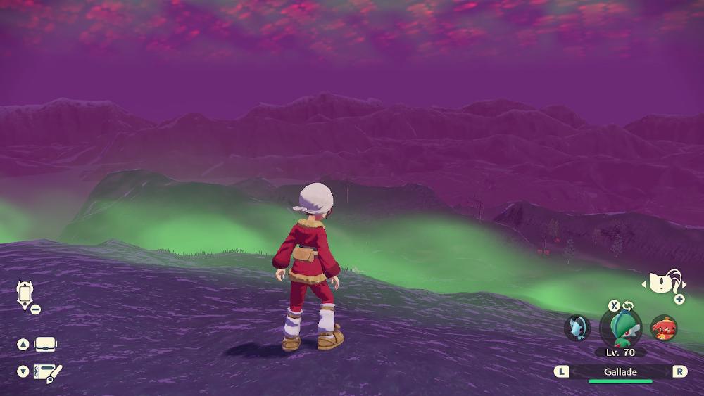 my character, wearing a red fur-trimmed snow suit with leg wraps and a satchel on the back and a scarf around the head, looks out over a strange purple mountainous scene where there is a layer of almost neon green smog below and close