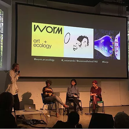 a panel talk with three speakers being introduced by someone else standing up, and the projection behind them says worm art + ecology