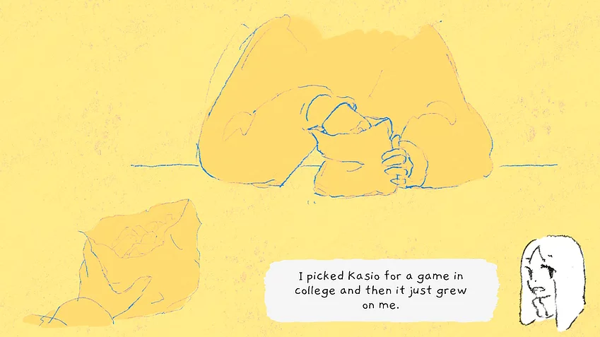 Kasio is digging into a bag of crasps while the caption says &lsquo;I picked Kasio for a game in college and then it just grew on me&rsquo;