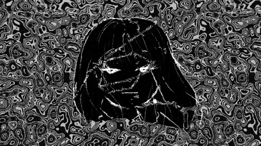 Kasio is seen in an abstract black and white pattern with lines across her face and a marble hallucinatory background