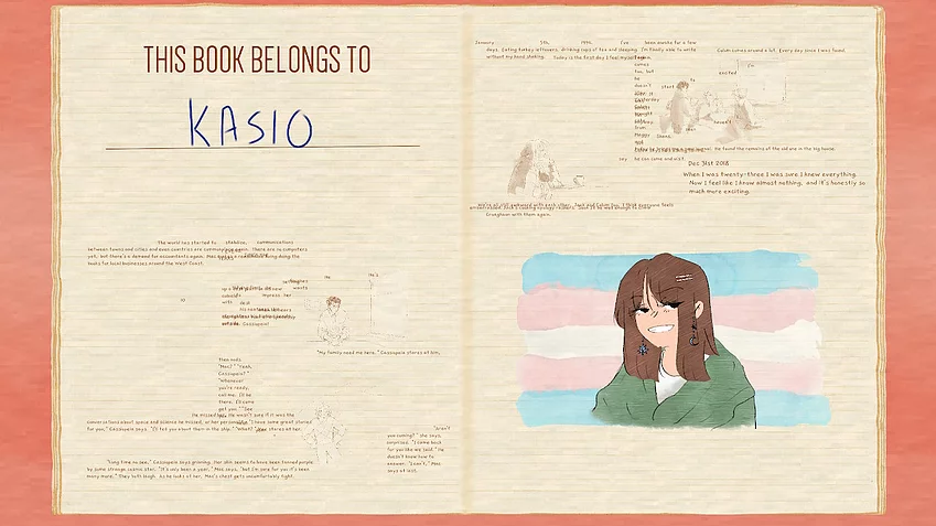 a character creation screen shows Kasio against a trans flag, with a smiling face, and it says This book belongs to Kasio