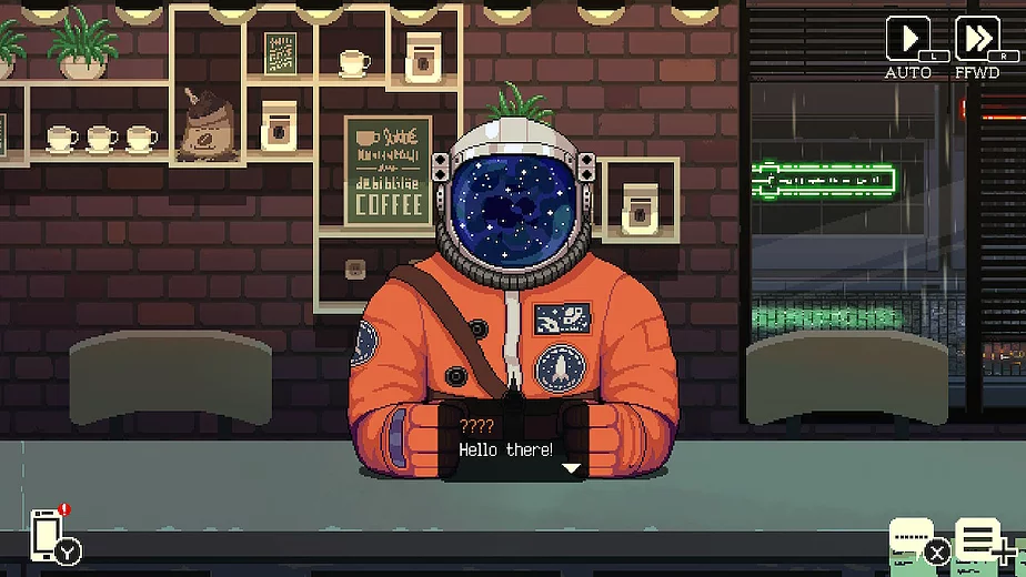 an astronaut sits at the coffee bar in full astronaut get up saying hello there