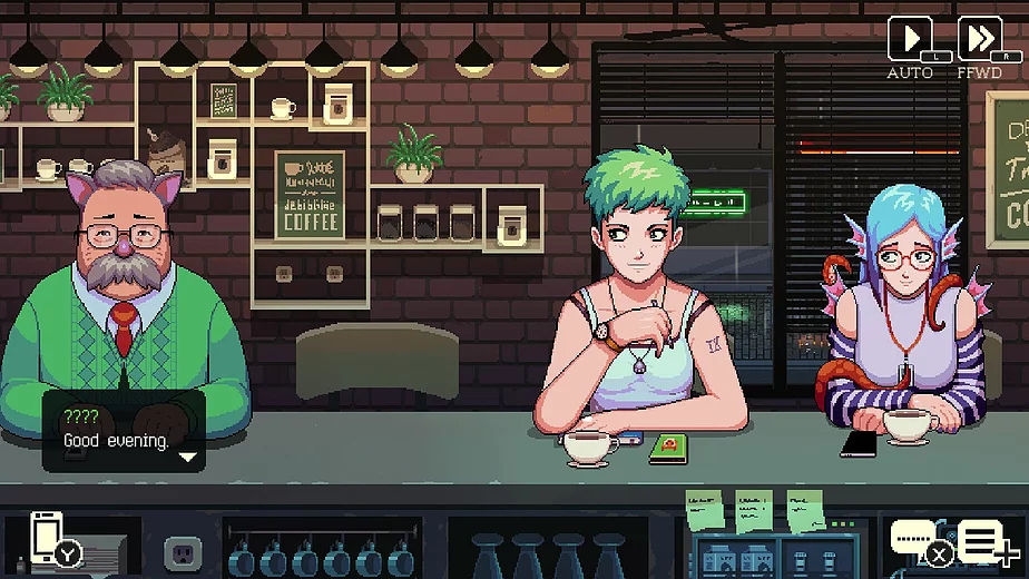 three people sit at a coffee bar and two of them look a little odd - there&rsquo;s an older man with cat ears, and the woman with blue hair has webbed bits coming out of her hair and shoulders