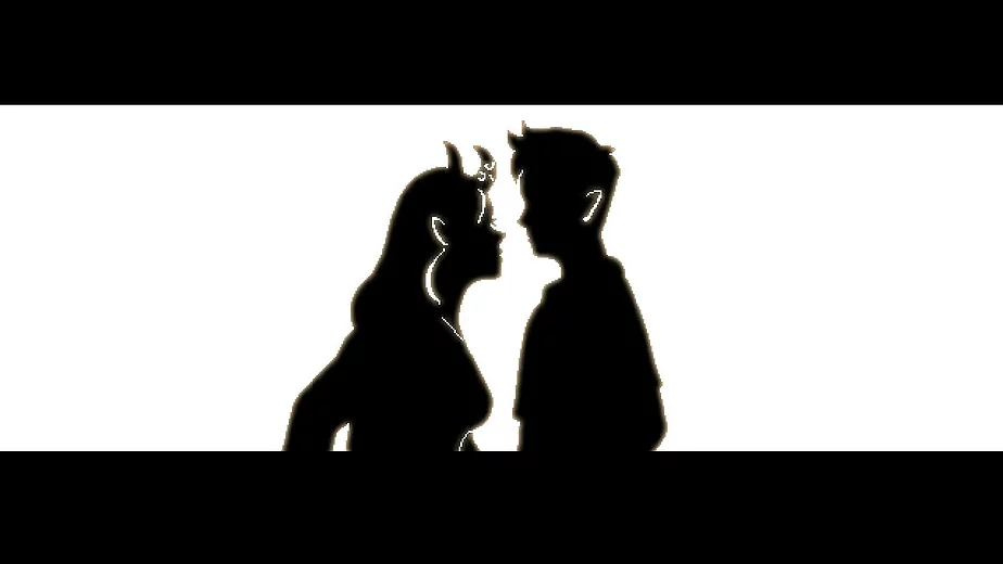 a silhouette of two people looking at each other closely, and the woman has horns on her hair