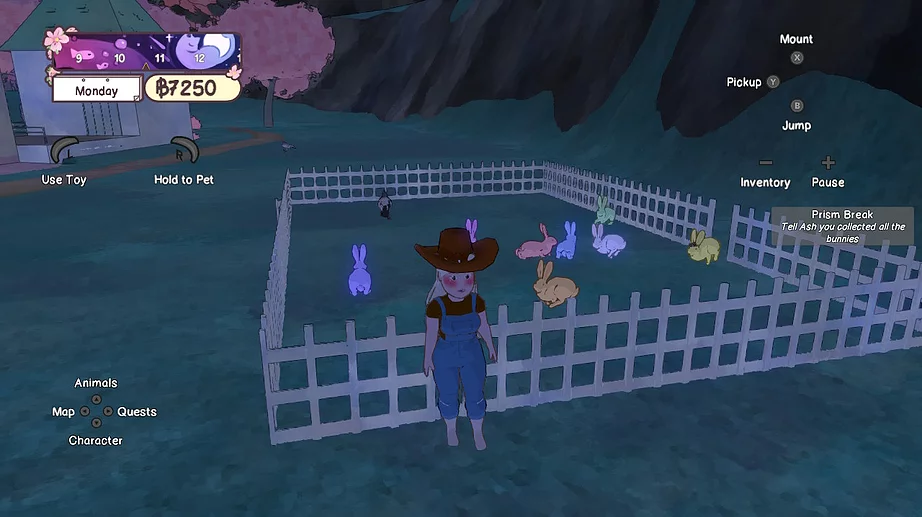 Gabrielle&rsquo;s character is blonde now and standing at the edge of a fenced off pen full of rabbits in different colours