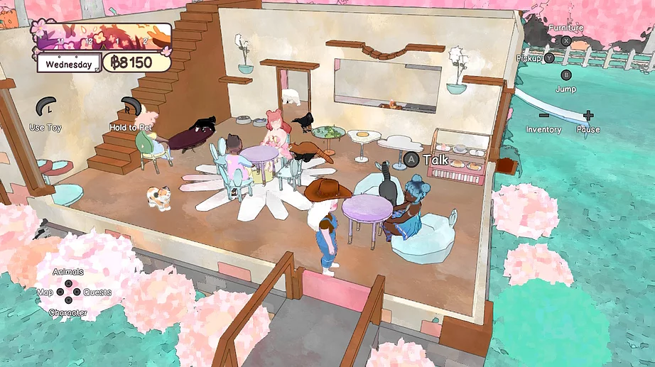 a shot inside the cafe where different characters are sat at tables, and there are tonnes of animals including cats and birds pottering about the place