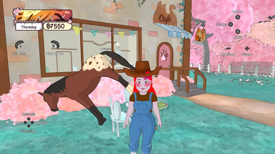 a girl with dungarees and a cowboy hat stands in front of her cafe, and behind her a brown horse is floating at a strange angle