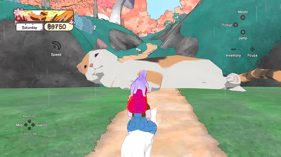 Gabrielle&rsquo;s avatar not only has a cat on its head, but she is also riding a big white cat that has been made big with a magic potion. And then she is heading up a path blocked by an even bigger cat, like the size of a bus
