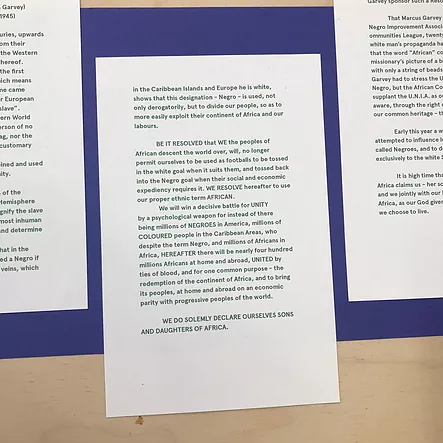 a close up of one of the pieces of paper on the wall, that says &lsquo;we do solemnly declare ourselves sons and daughters of africa&rsquo;