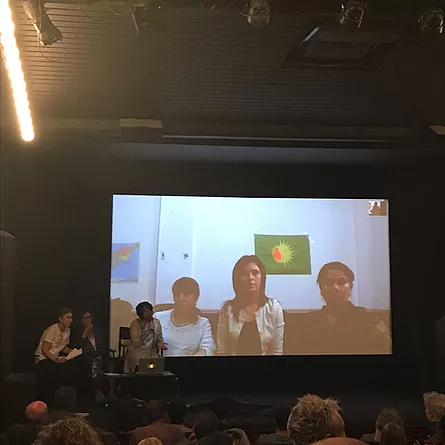 the panel talk are shown interviewing three others over video call