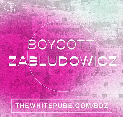 a pink card says boycott zabludowicz with the url for this article below it, and a city faintly in the background
