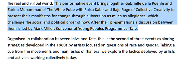 a highlighted screenshot of the event description on tate&rsquo;s website saying the event will feature the white pube alongside collective creativity