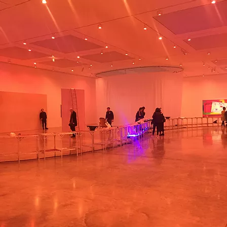 an entire white cube gallery space is bathed in a warm glow and in an S shape all the way through the space is a series of shelves with items on top of them, and visitors are milling about