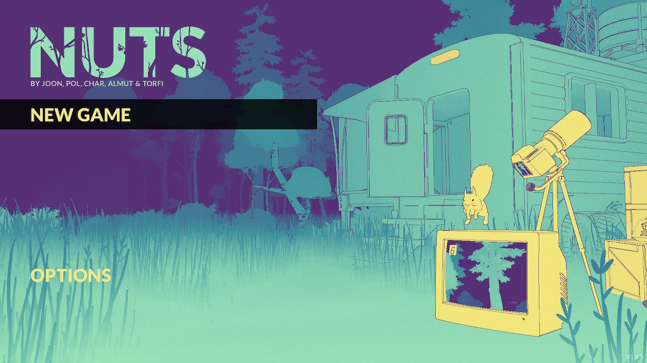 the title screen for the game shows a squirrel jumping over a CRT television next to a camera on a tripod, with a little cabin in the background, at night in the woods