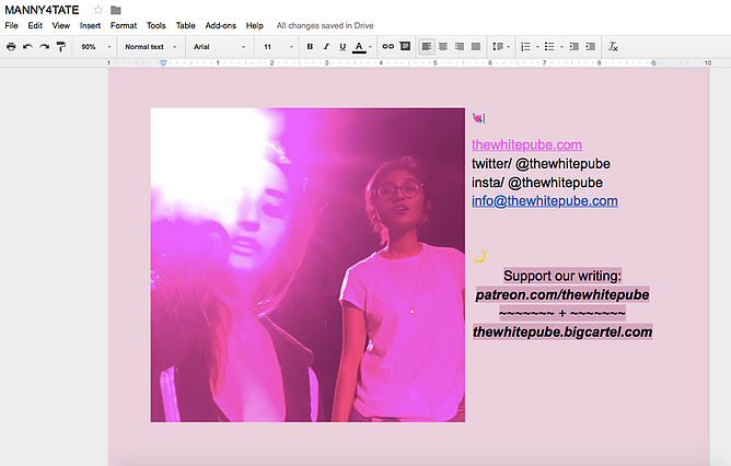 a powerpoint with details for the white pube website and social media next to a selfie of gabrielle and zarina in bright pink lighting