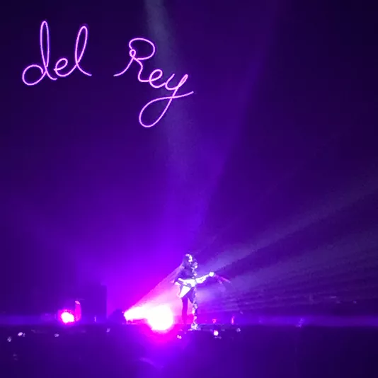 an image of Lana playing guitar on stage under her name in neon