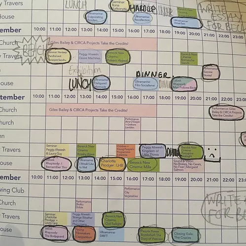 a timetable all annotated to show which films we went to and when we had lunch and dinner