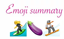 emoji summary of someone surfing, an aubergine, and someone snowboarding