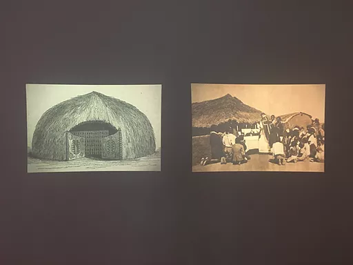 an image of a straw hut and a second image of a similar place with lots of people outside