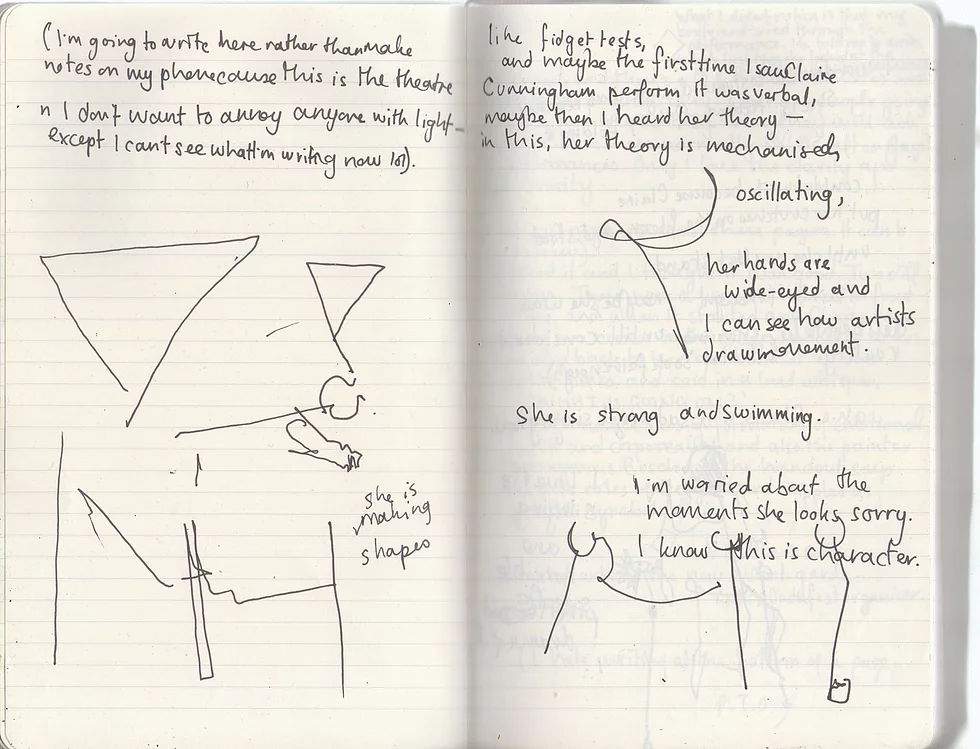 scan of a notebook that has text about the exhibition but also lines that follow the dancer as she moves