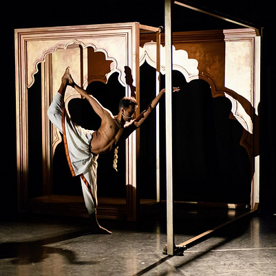 an image of a dance standing on one leg with their hand holding the other leg behind their head, holding onto a wooden frame on the stage