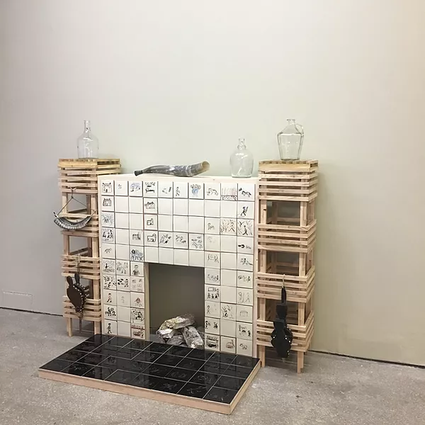 in the same wooden, tiled style as the other things in the same, there is a fireplace with glass jugs and fire bellows on them, and each tile has another animal painted on it or people too