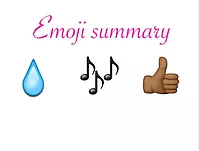 emoji summary of a water droplet, music notes, and a brown hand doing a thumbs up