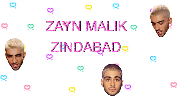 a poster for zayn malik zindabad with the event title in pink an heads of zayn malik with blonde hair doing different expressions around it, with some hearts in the background