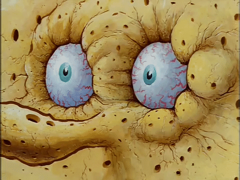 A GROSS UP close up of spongebob sweating with blood shot eyes and completely dried out crusty spongey skin
