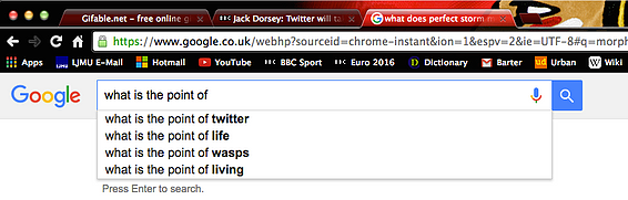 a screenshot of a google autofill of what is the point of and it says twitter, life, wasps, living