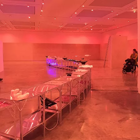 another shot of the shelves that run through the space and in the background someone is pushing a pram through the gallery