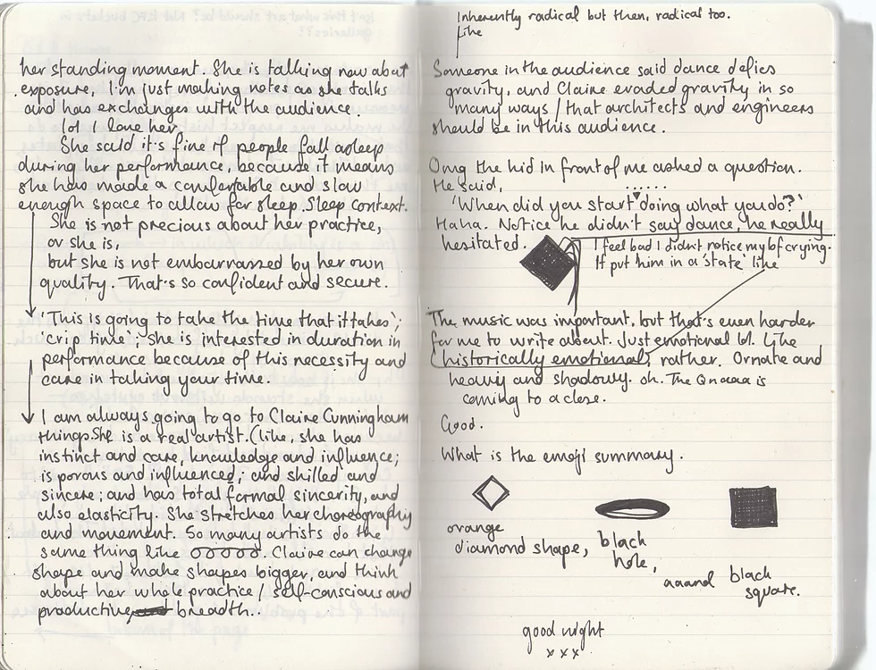 and the end of the notes with a concluding emoji summary drawn roughly - an orange diamond shape, a black hole, and a black square too