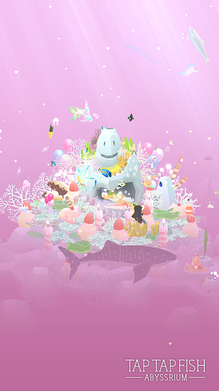 a pink watery scene shows a coral smiling at the centre like a little grey mountain surrounded by plants and flowers and little fish