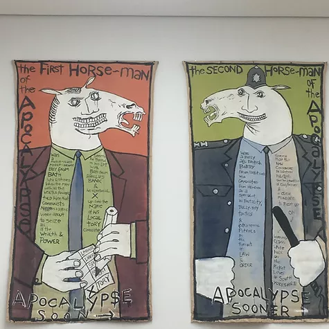 two paintings of a man and a police man becoming mad horses with text all around the paintings about the horse men of the apocalypse