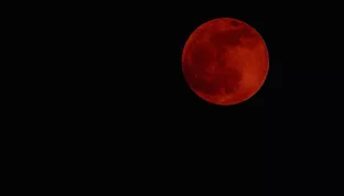 an image of a black sky and a red moon