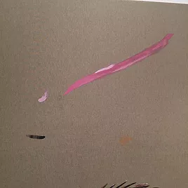 a close up of a painting with just a small black fleck, a tiny light pink one, and a long pink streak and nothing more