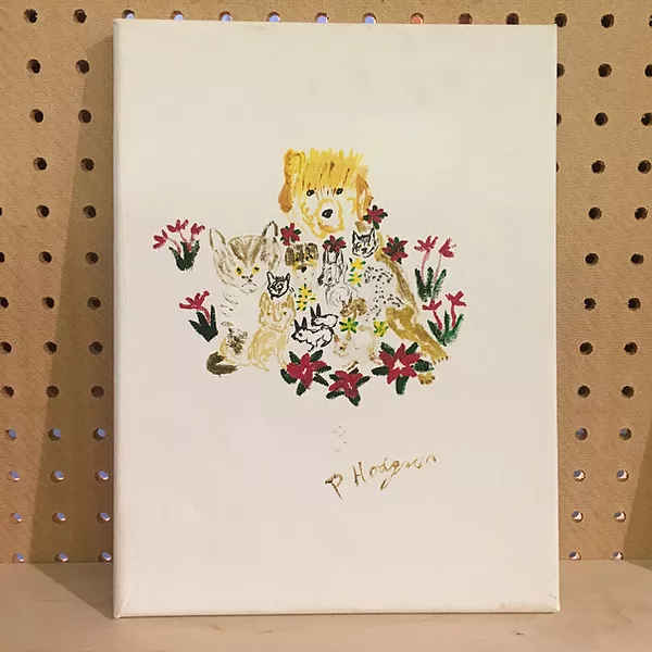 a painting of dogs and cats and rabbits in thin colourful outlines surrounded by flowers on a plain bare canvas